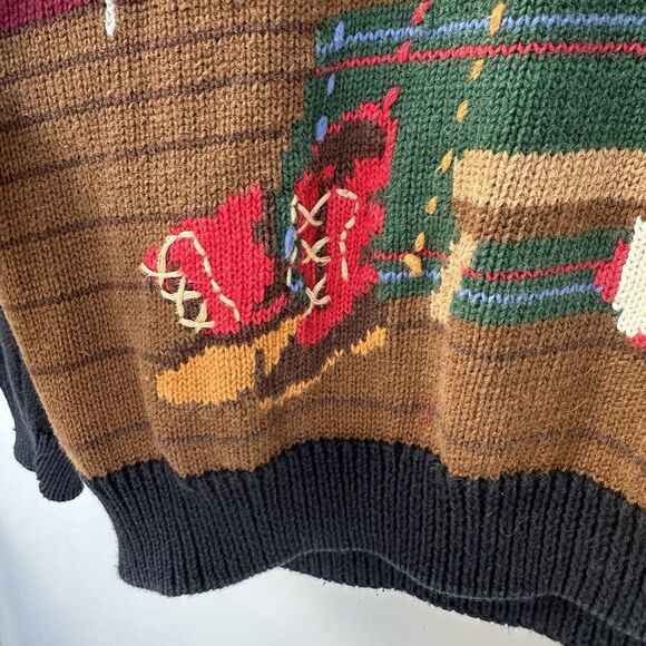 Vtg Talbots Winter Scene Dog Sweater M 90s Snow Cabin Hand Knit Hong Kong - Picture 4 of 8